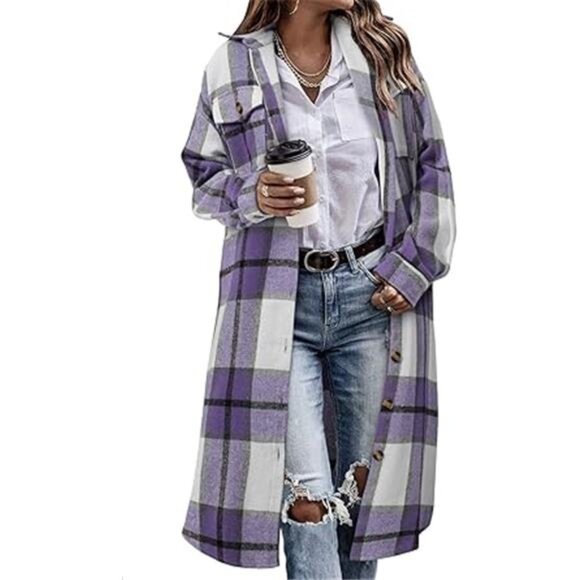 Womens Plaid Shacket Jacket Long Corduroy Shirt Casual Lapel Button - Picture 6 of 6